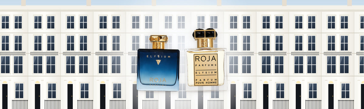 Elysium Pour Homme EdP und Parfum von Roja Parfums vor weißen Londoner Stadthäusern