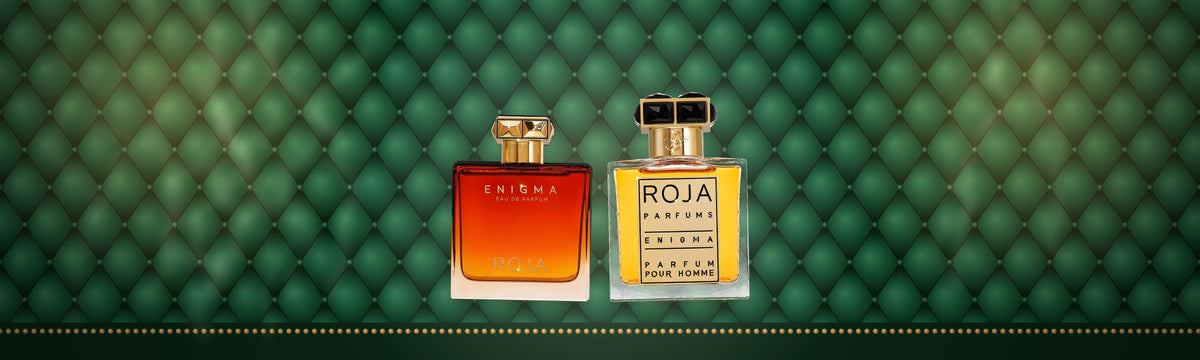 Enigma Pour Homme EdP und Parfum von Roja Parfums vor grünem Chesterfield-Leder im Gentlemen's Club