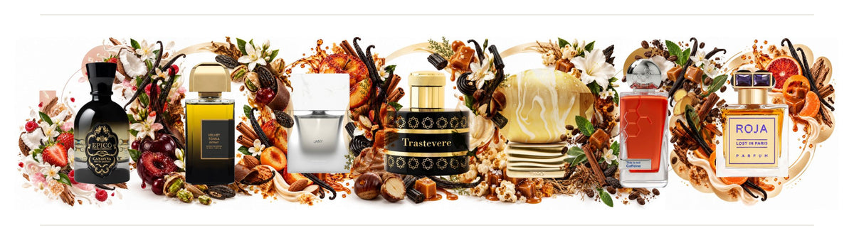 Sieben Gourmand-Parfums in einer Reihe: Candyva, Velvet Tonka Extrait, Jany, Trastevere, What about Pop, This is Not Caffeine und Lost in Paris