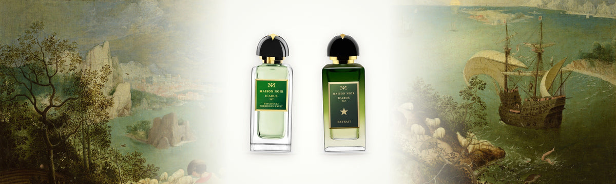 Icarus 347 und Icarus Extrait 967 von Maison Noir vor der Landschaft mit dem Sturz des Ikarus