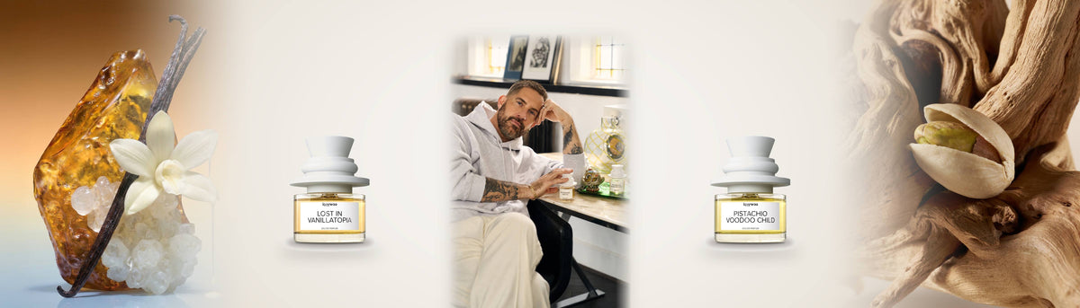 Richard Saint-Ford, Gründer von Iggywoo, in seinem Studio, daneben Lost in Vanillatopia und Pistachio Voodoo Child vor Amber, Vanille und Pistazie