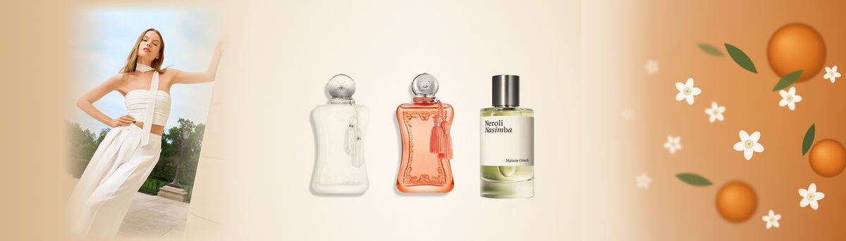Flakons von Valaya, Athénaïs und Neroli Nasimba, links ein Model in Weiß im Schlossgarten, rechts Bitterorangen und Orangenblüten