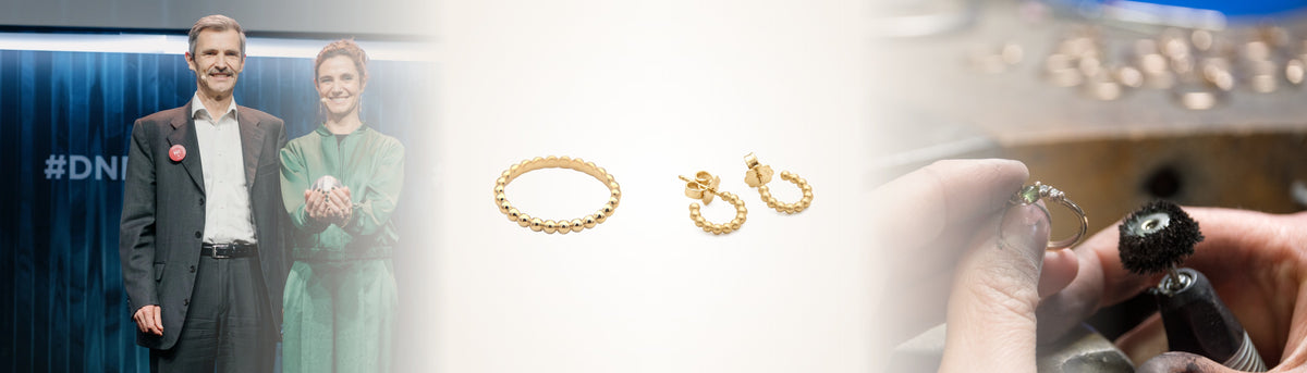 Noën Join Ring und Join Creolen in Fairmined-Gelbgold zwischen Preisverleihung des Deutschen Nachhaltigkeitspreises und Goldschmiedin beim Polieren