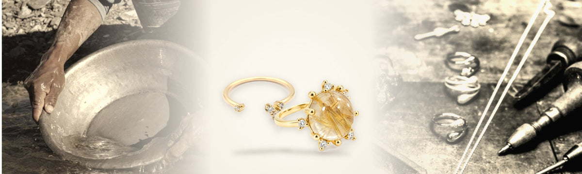 Noën Ringe aus Fairmined-Gold zwischen Goldwaschpfanne und Goldschmiede-Werkbank
