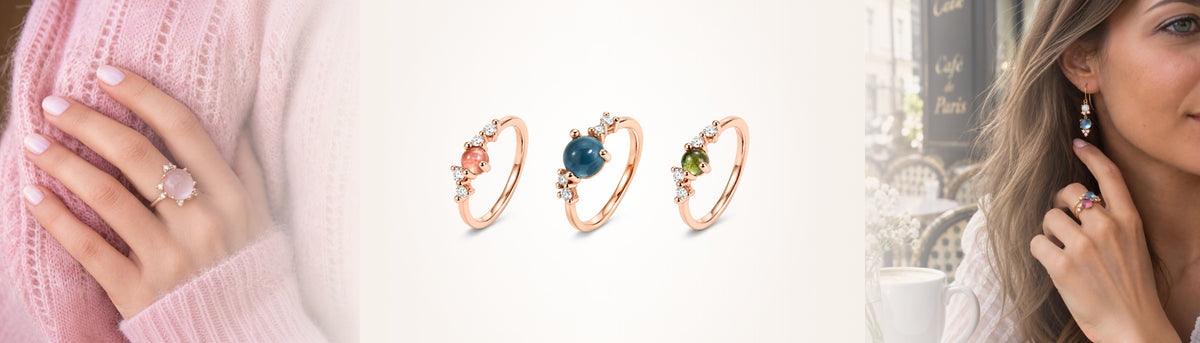 Drei Noën Stellini Ringe mit rosa Turmalin, London Blue Topas und grünem Turmalin in Roségold