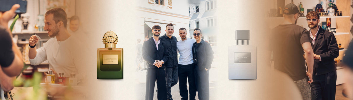 Die Olakala-Gründer Nicolas Lazaridis alias Inscope21 und Tim Gabel mit Team vor der Boutique in Bregenz, daneben die Flakons Mango Wooud und Citron Bleu
