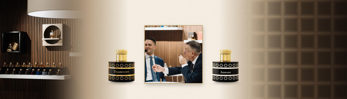 Leone und Paolo Fadelli, Gründer von Pantheon Roma, zwischen den Flakons Trastevere und Annone, links die Boutique in Rom, rechts Kassetten wie in der Kuppel des Pantheons