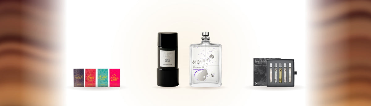 Vanilla Affair von D'Orsay und Molecule 01 zwischen zwei Discovery Sets, seitlich bernsteinfarbene Seidenfalten