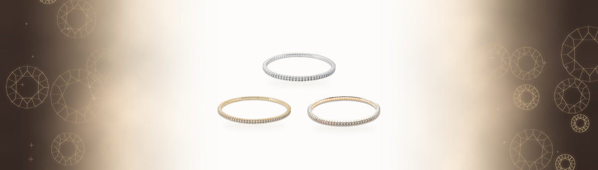 Drei Flex-Tennisarmbänder aus 18 Karat Weißgold, Gelbgold und Roségold mit Brillanten