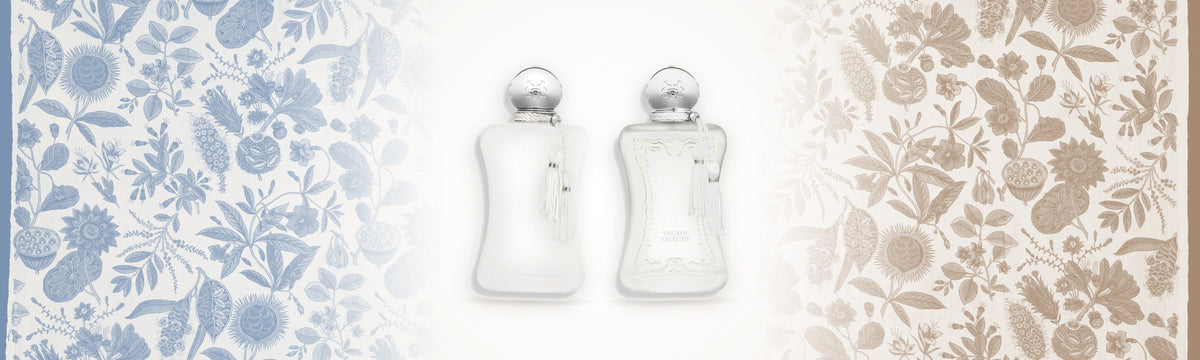Valaya und Valaya Exclusif von Parfums de Marly vor Toile de Jouy von Oberkampf