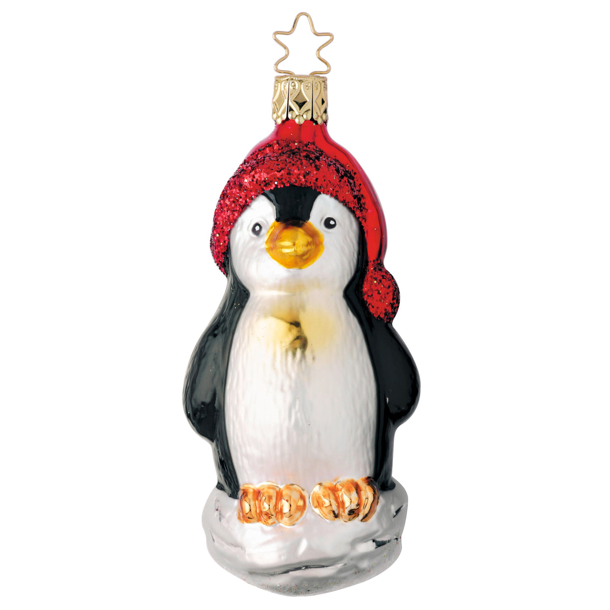 Inge Glas Christbaumschmuck Pinguin mit roter Glitzermütze auf Eisscholle, 10,5 cm