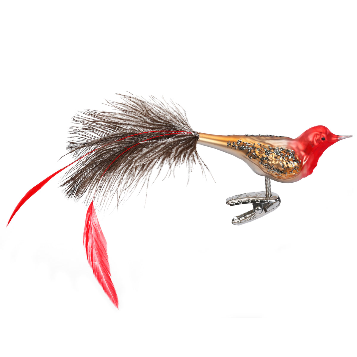 Inge Glas clip-on bird goldfinch with red head, gold glitter and brown-red feather tail, 8 cm