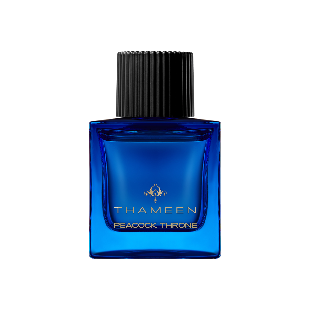Eleganter Flakon von Thameen Peacock Throne Extrait de Parfum – blauer Glasflakon mit goldener Logo‑Prägung, edel und majestätisch. Deckel matt Schwarz.
