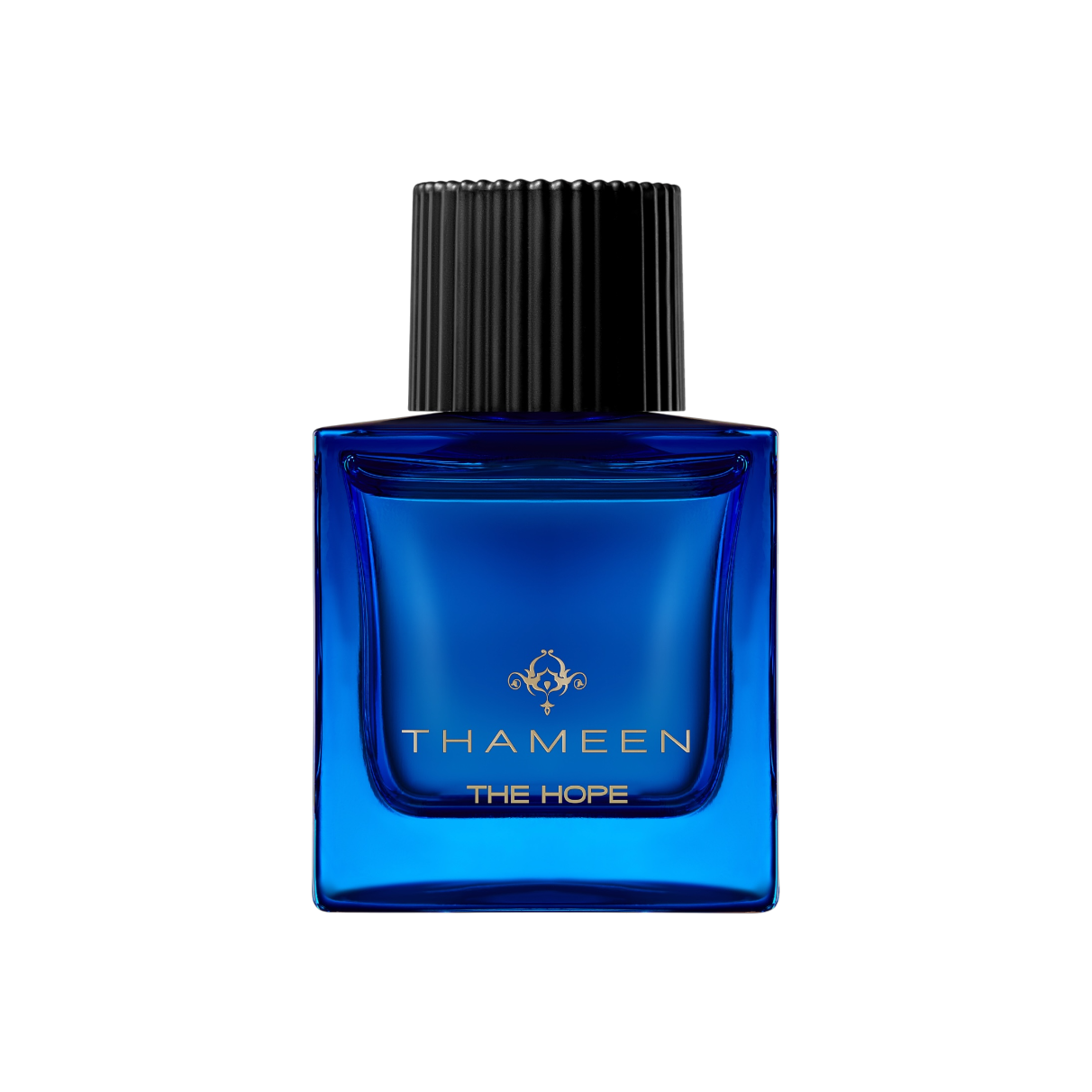 Flakon von Thameen The Hope – elegant königsblauer Glasflakon mit goldener Schrift und dunklem Verschluss.