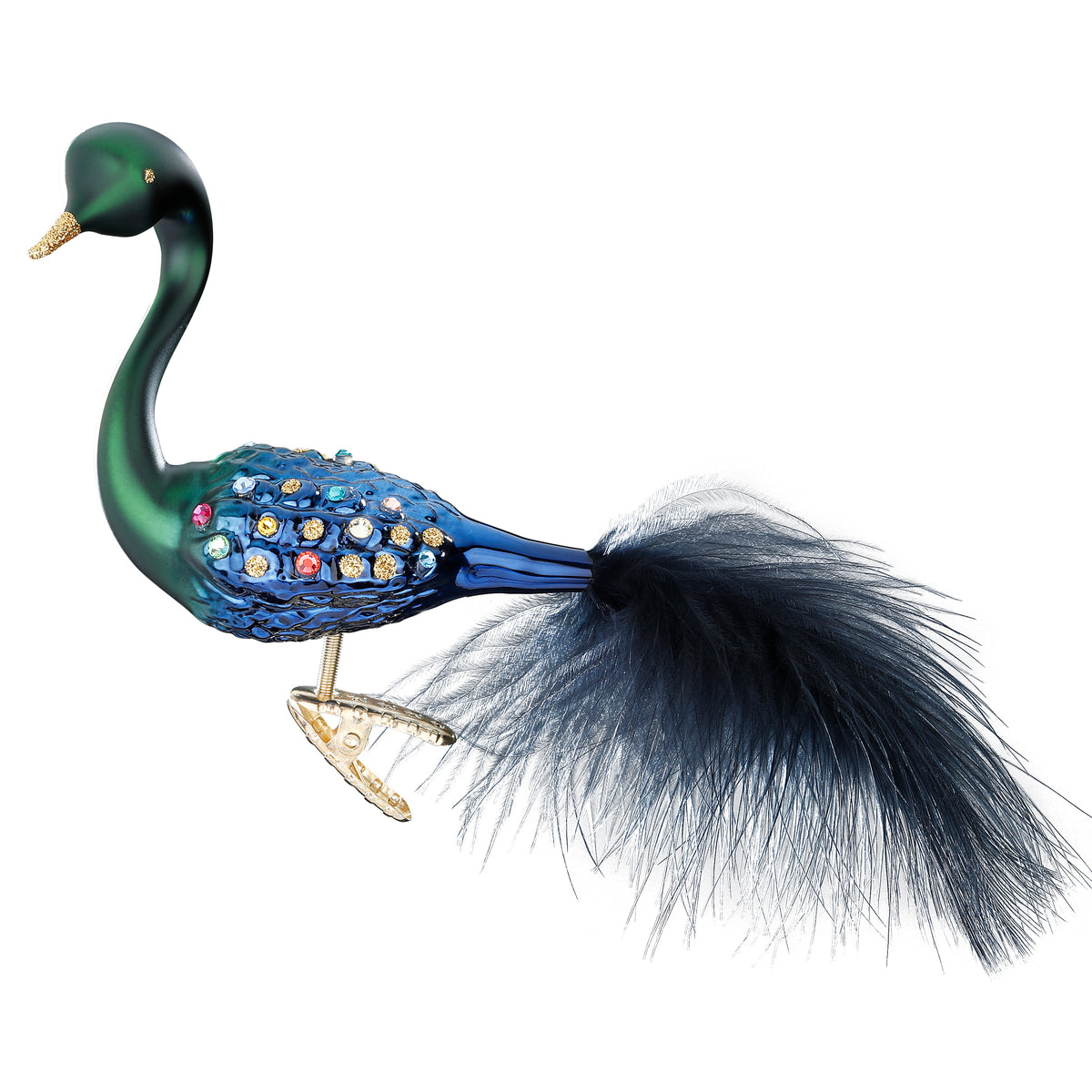 Inge Glas clip-on bird peacock with green neck, blue body, jewels and feather tail, 9 cm