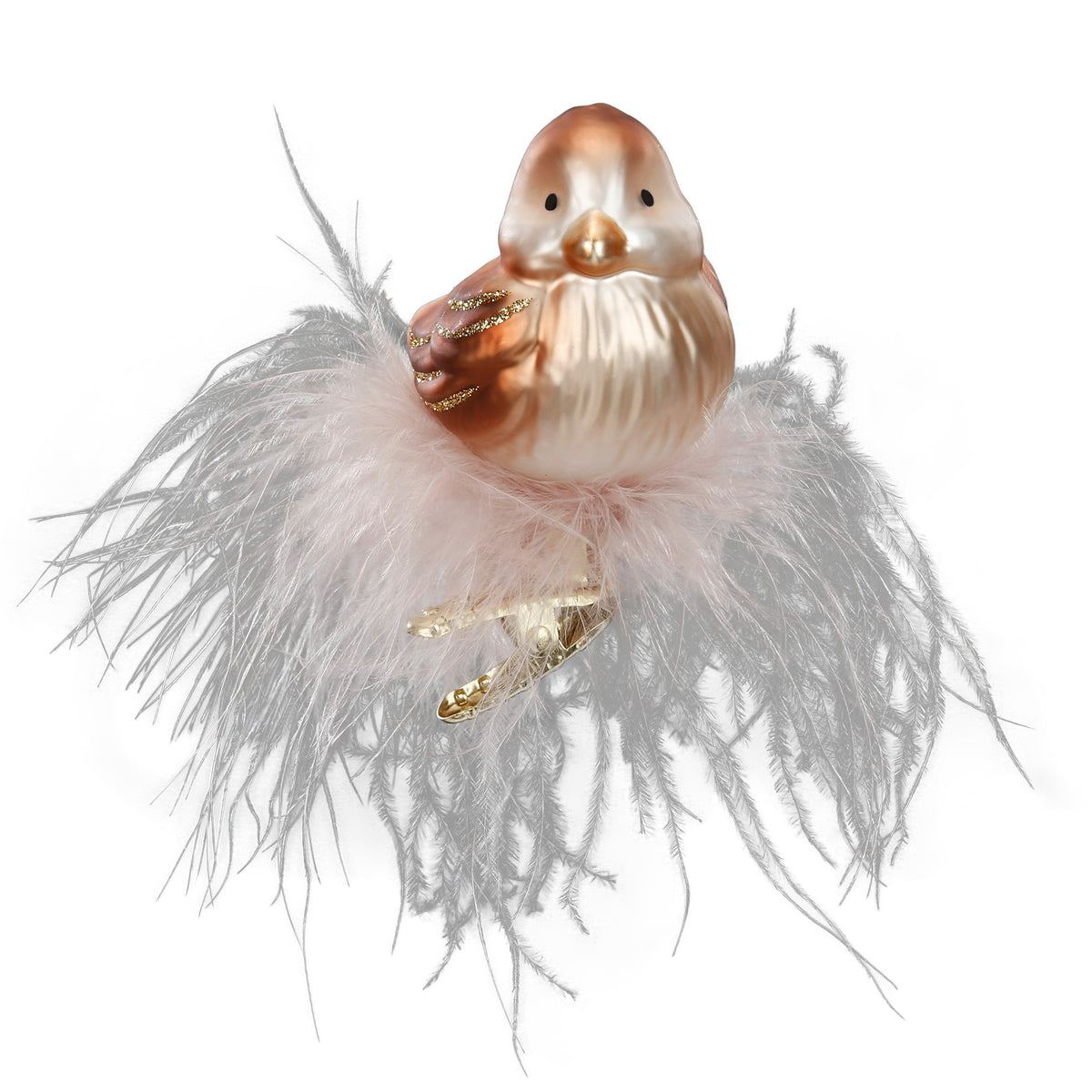 Inge Glas Clip-Vogel in Rosé-Gold mit zartrosa Federkragen, 7 cm