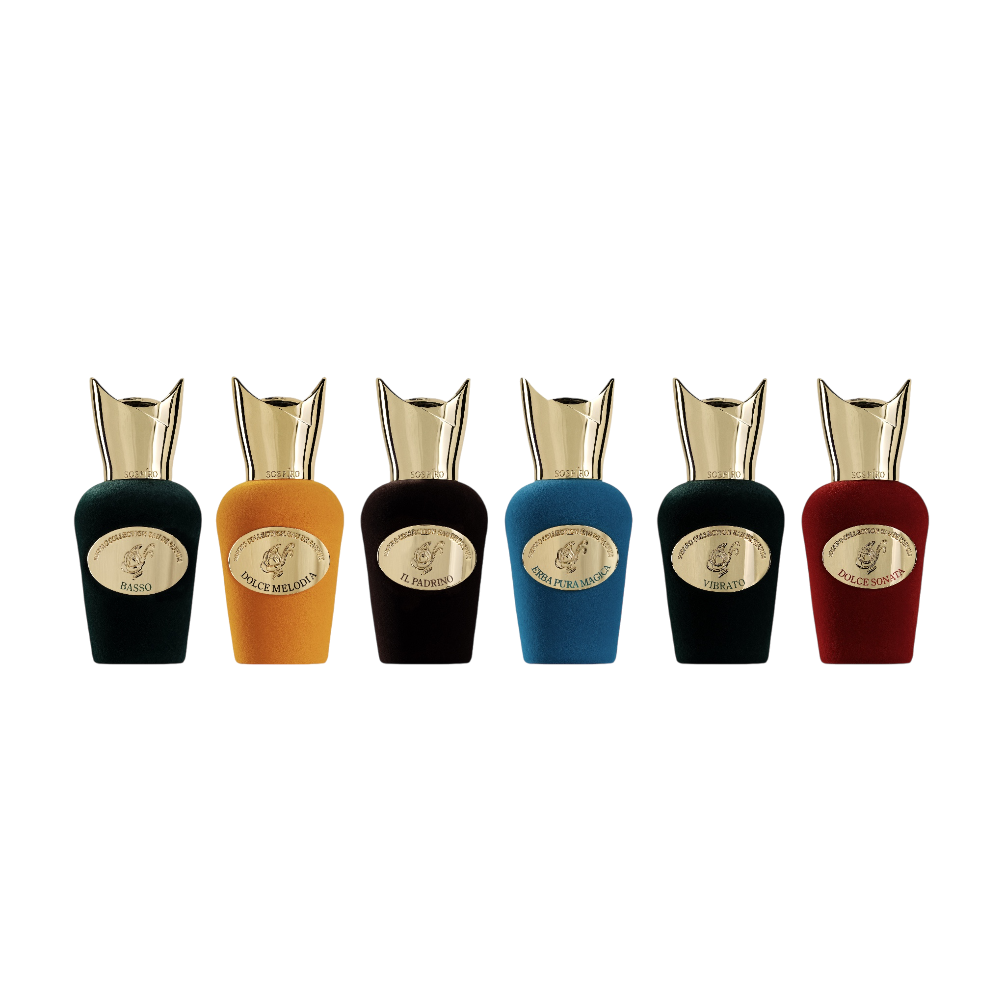 Sospiro Miniature Set mit sechs Samtflakons à 15 ml in verschiedenen Farben und goldfarbenen Verschlüssen aus der The Miniature Collection.