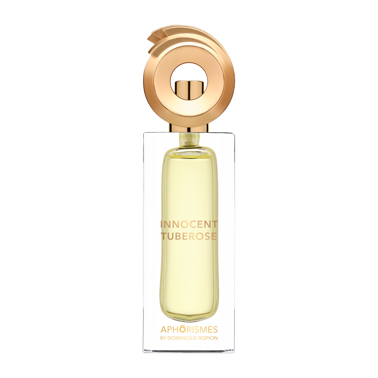 Transparenter Flakon von Innocent Tuberose by Dominique Ropion mit goldfarbenem skulpturalem Verschluss und elegantem Aphorismes-Design.
