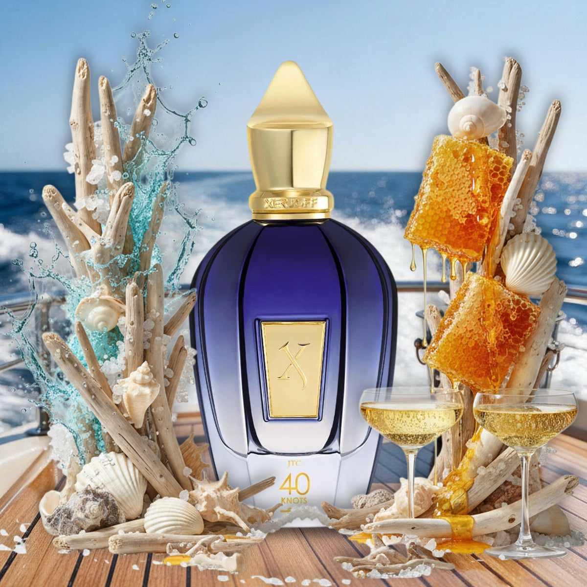 40 Knots von Xerjoff auf dem Deck einer Yacht im Mittelmeer, mit Meerwasser, Meersalz, Treibholz, Honig und Champagner