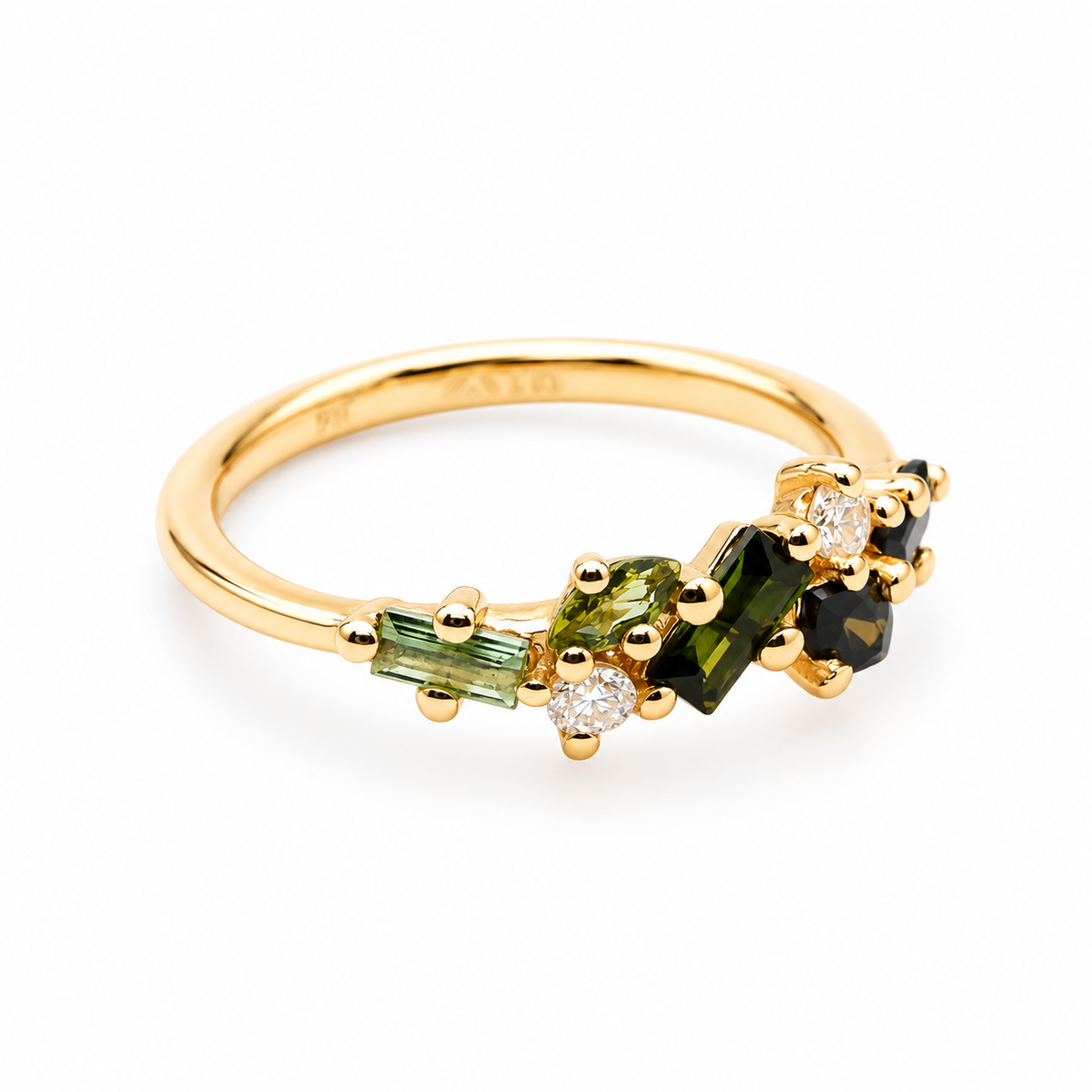 Noën Ring Luz aus 18kt Gelbgold mit grünem Turmalin im Baguetteschliff und Diamanten