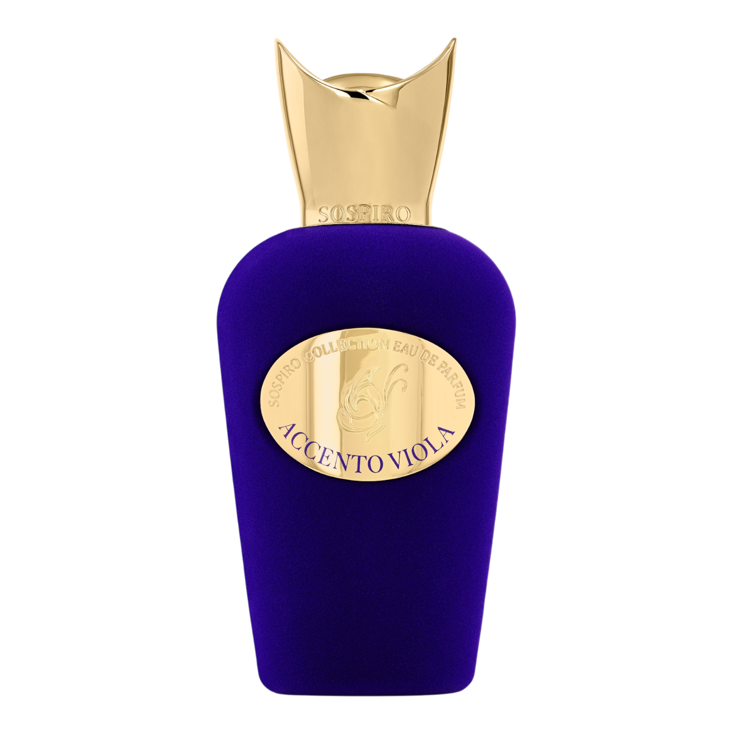 Sospiro Accento Viola Eau de Parfum im violetten Samtflakon mit goldfarbenem Verschluss und goldener Plakette.