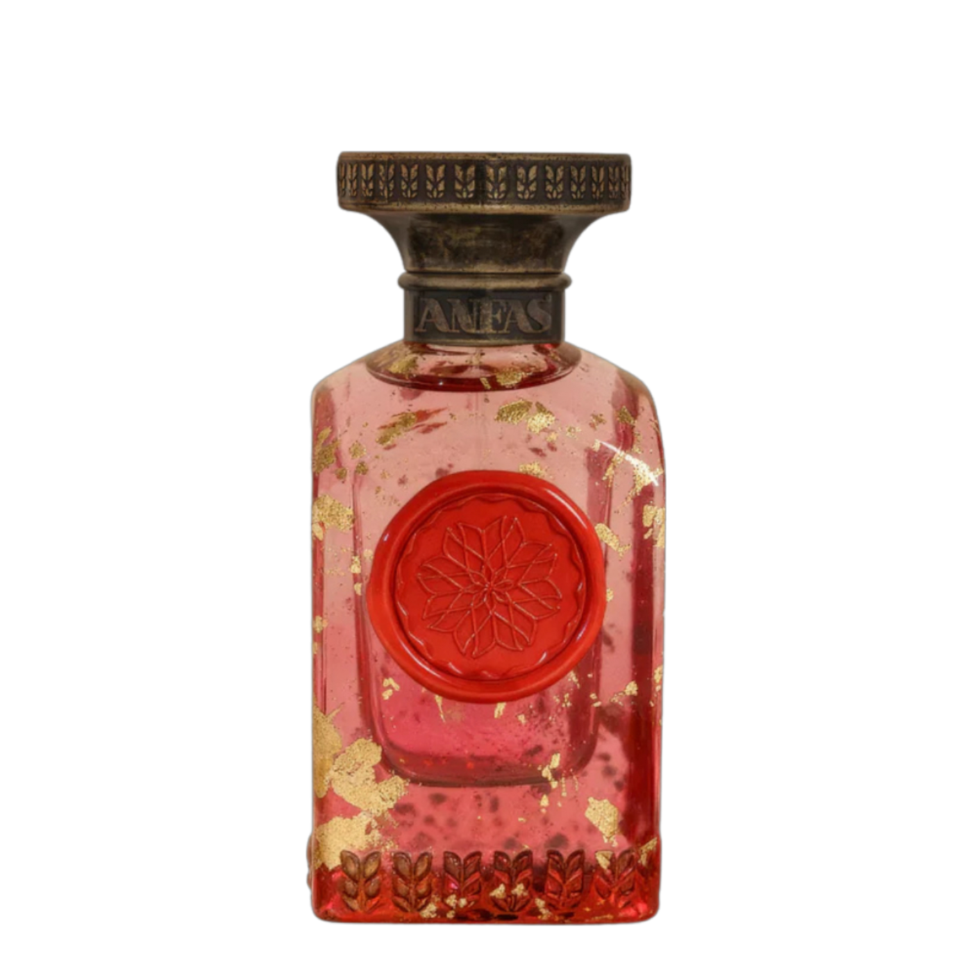 Anfas AYA Extrait de Parfum 75ml – rosa Glasflakon mit goldenen Akzenten, rotem Siegel-Emblem und ornamentalem goldenen Verschluss.