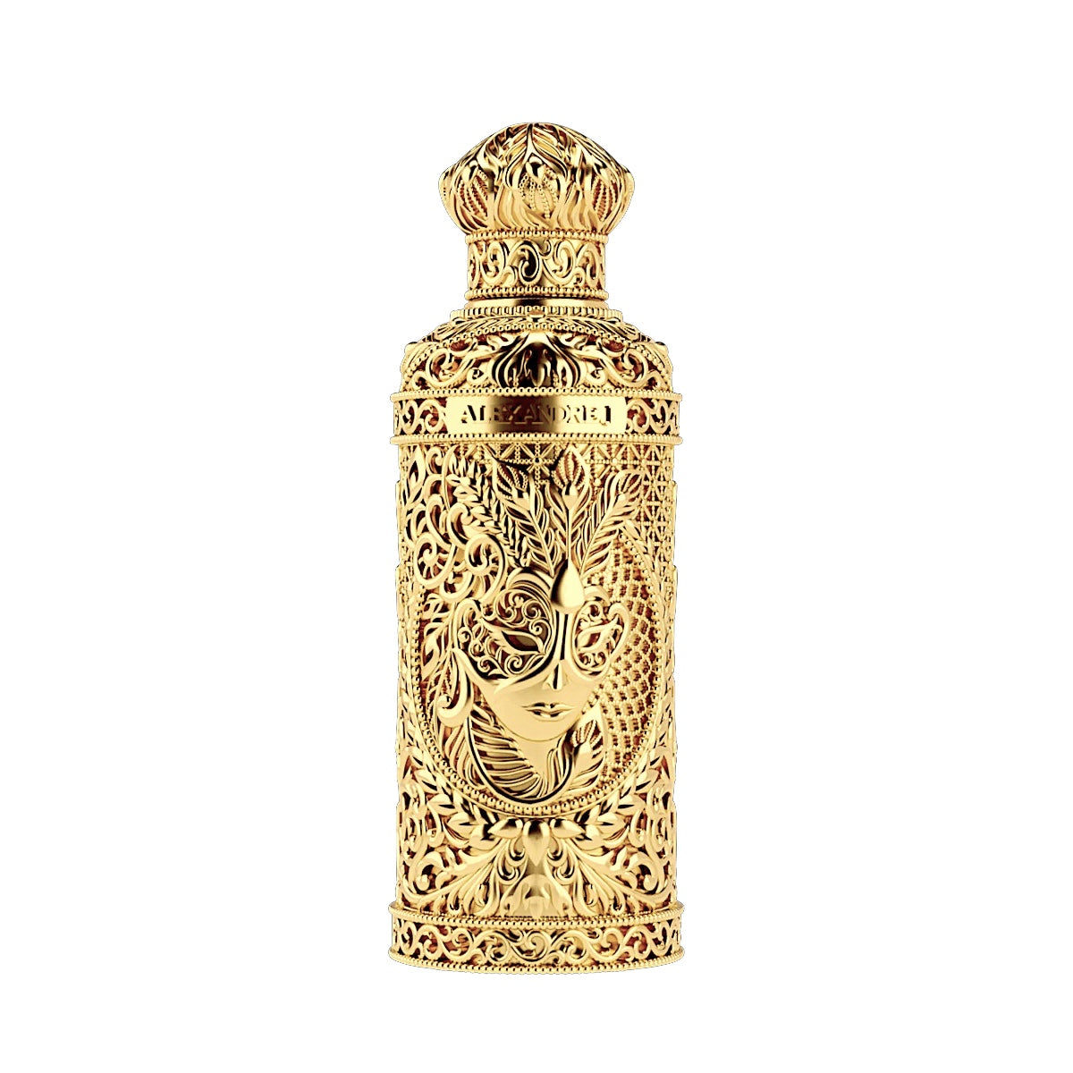 Alexandre.J Sweet Enigma Eau de Parfum 100 ml – goldener Flakon mit dekorativer Art-Nouveau-Maske und luxuriöser Kappe.