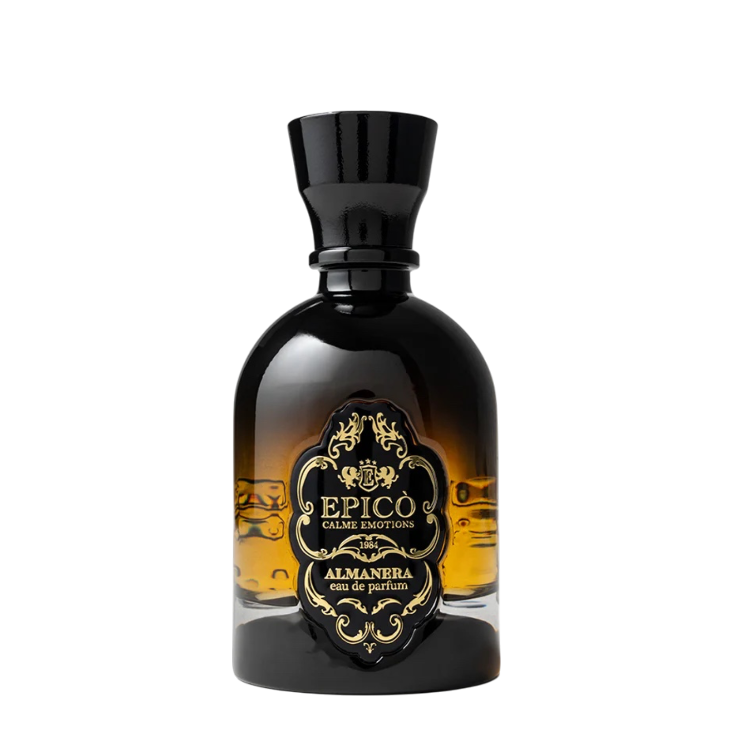 Epicò Almanera Eau de Parfum 100 ml Flakon mit klarem Glas, hellem Duft, goldfarbener Kappe und elegantem Epicò Etikett auf weißem Hintergrund.