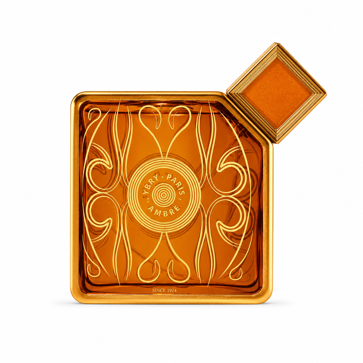 Goldfarbener Flakon von Ybry Ambre Eau de Parfum mit transparentem Amberglas, geometrischem Verschluss und goldenen Art-Déco-Details.