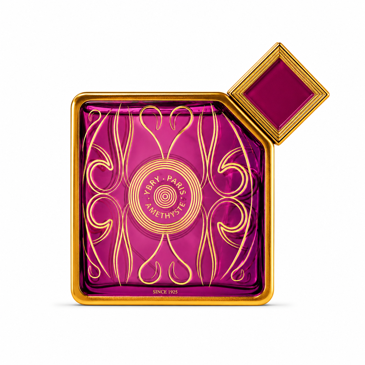 Violetter Flakon von Ybry Améthyste Eau de Parfum mit goldfarbenem geometrischem Verschluss und luxuriösen Art-Déco-Details.