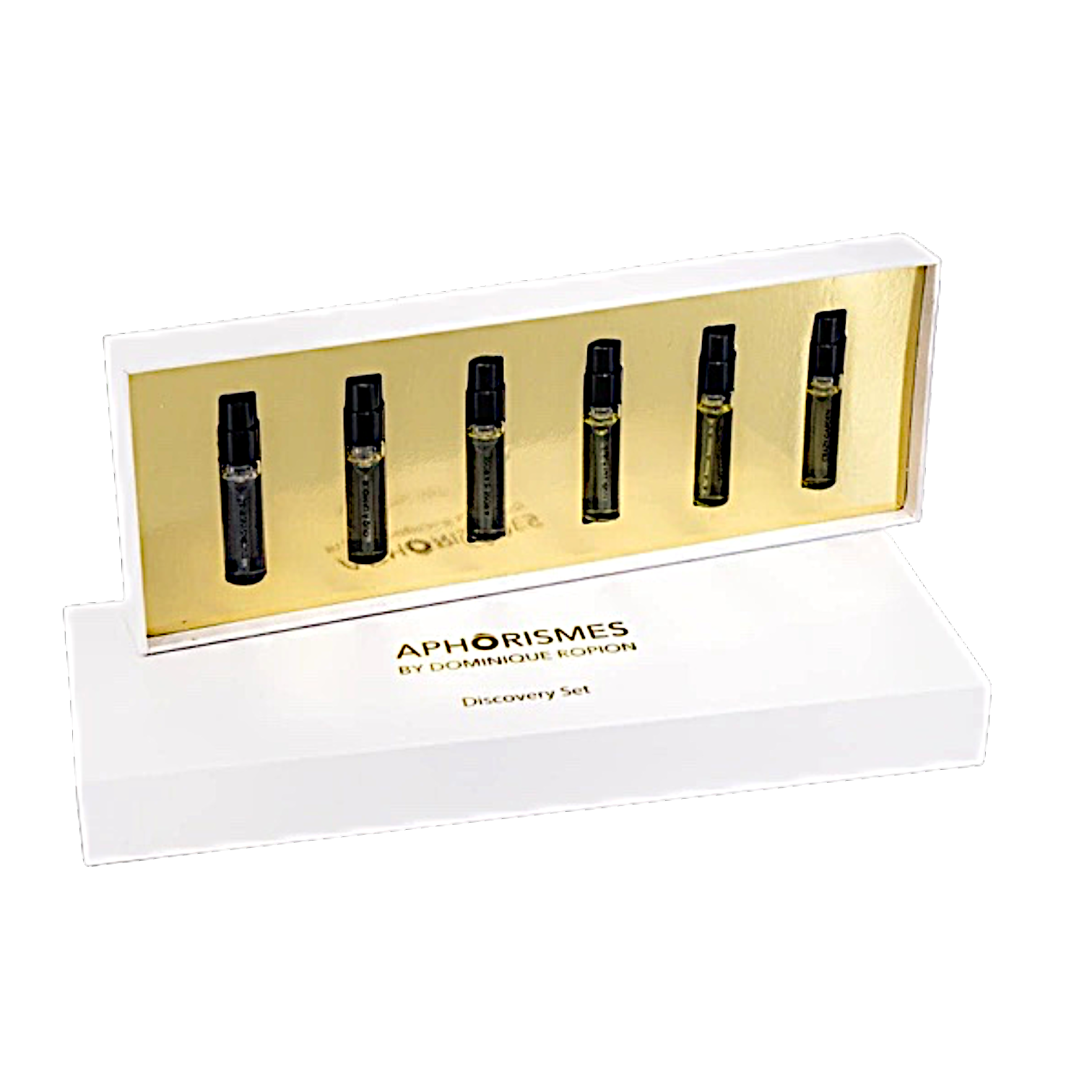 Luxuriöses Discovery Set von Aphorismes by Dominique Ropion mit sechs Miniaturflakons in eleganter weißer Präsentationsbox mit goldfarbenen Details.