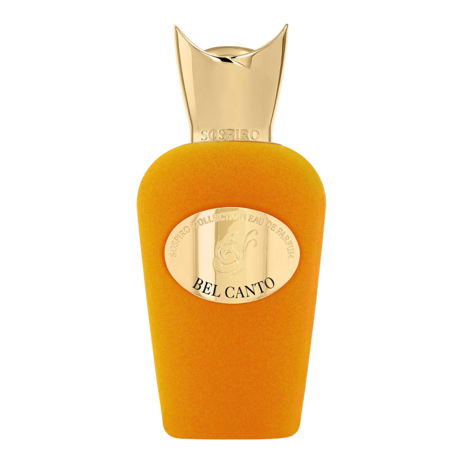 Sospiro Bel Canto Eau de Parfum im orangefarbenen Samtflakon mit goldfarbenem Verschluss und goldener Plakette.