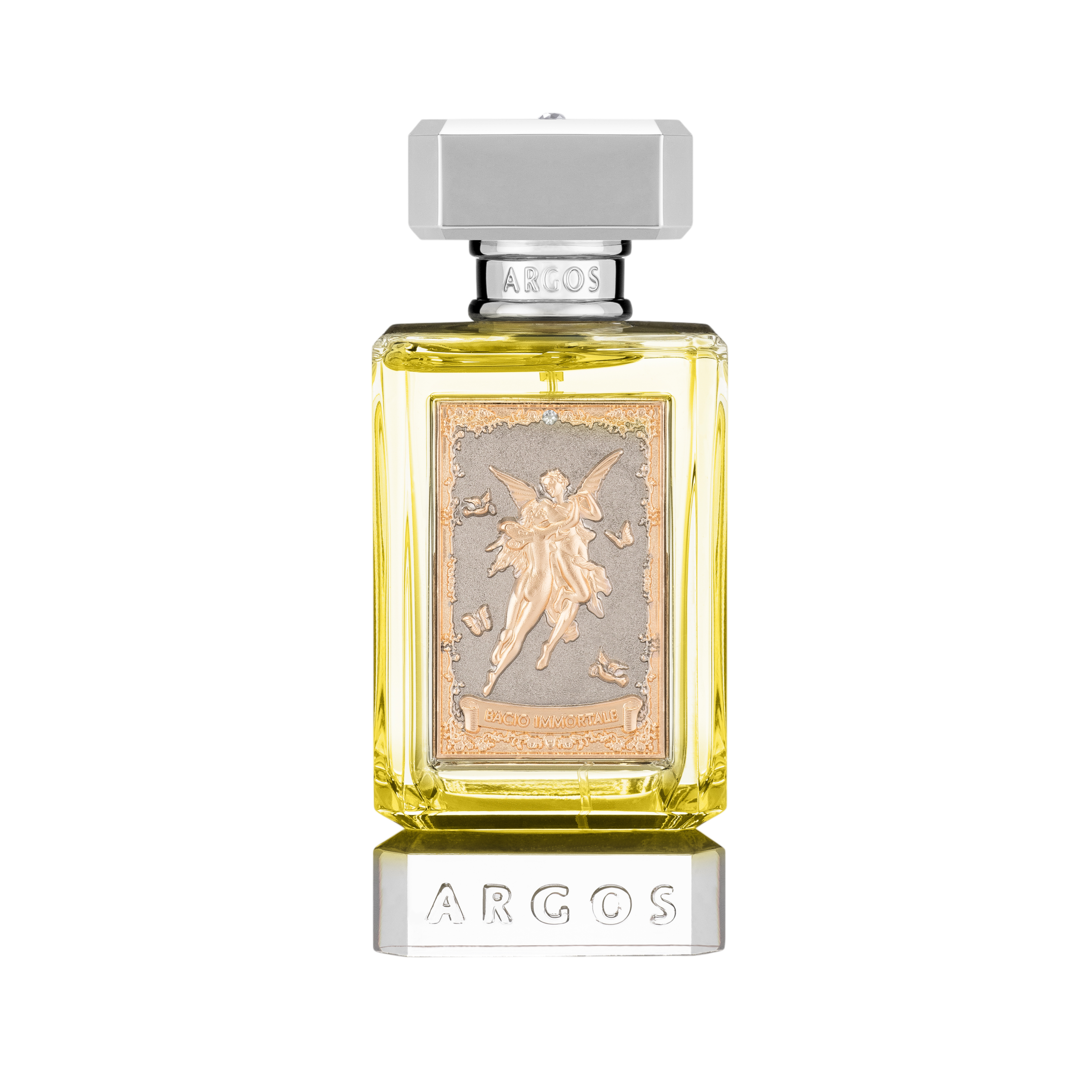 ARGOS Bacio Immortale Eau de Parfum in klarem, facettiertem Glasflakon mit silberfarbenem Verschluss, hellgoldenem Duftsaft und kunstvoller Frontplakette mit mythologischer Figur.