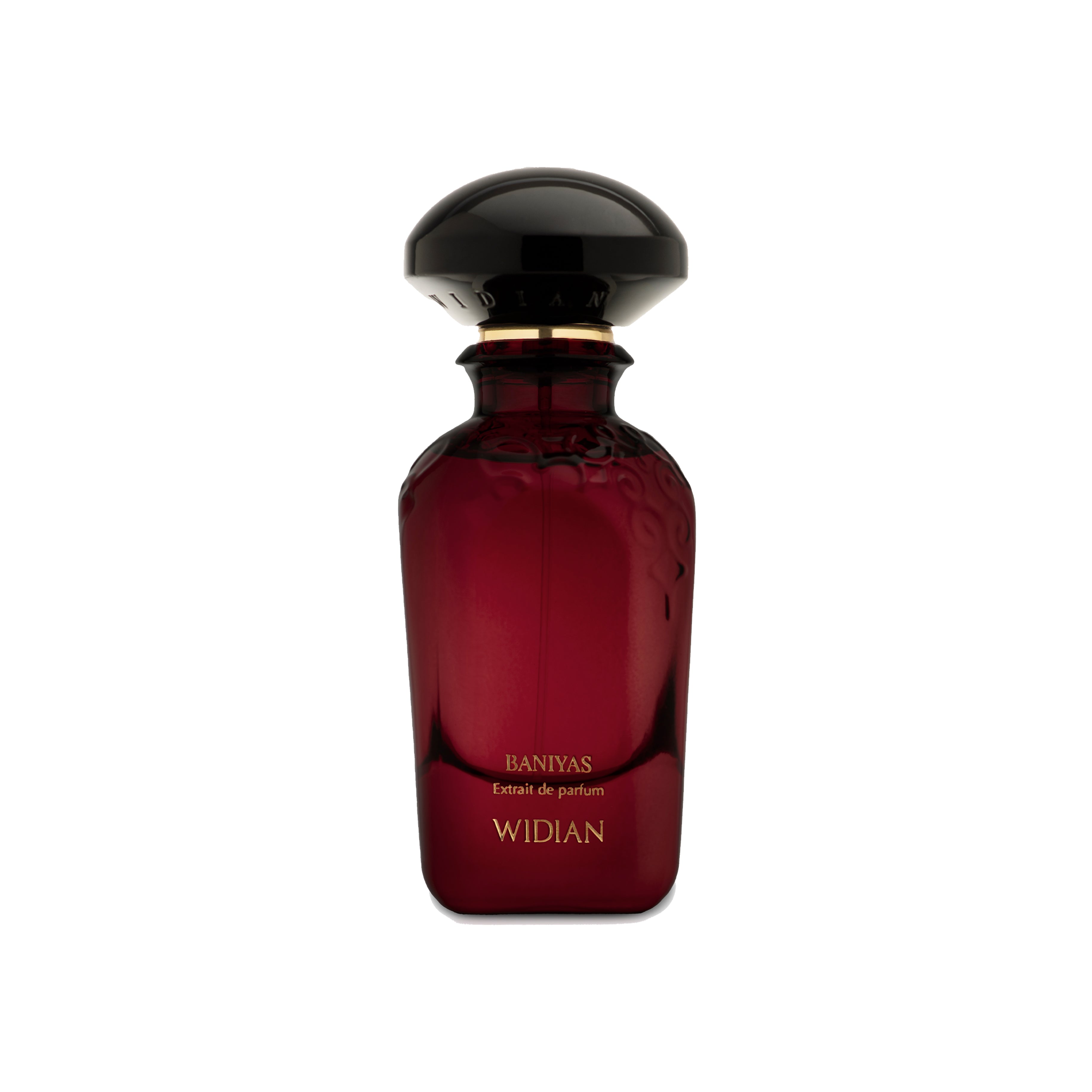 Widian Baniyas Extrait de Parfum 50ml – luxuriöser roter Flakon mit schwarzer Kappe, vereint Frische und orientalische Wärme. Jetzt bei 4D OUTFITTERS erhältlich.