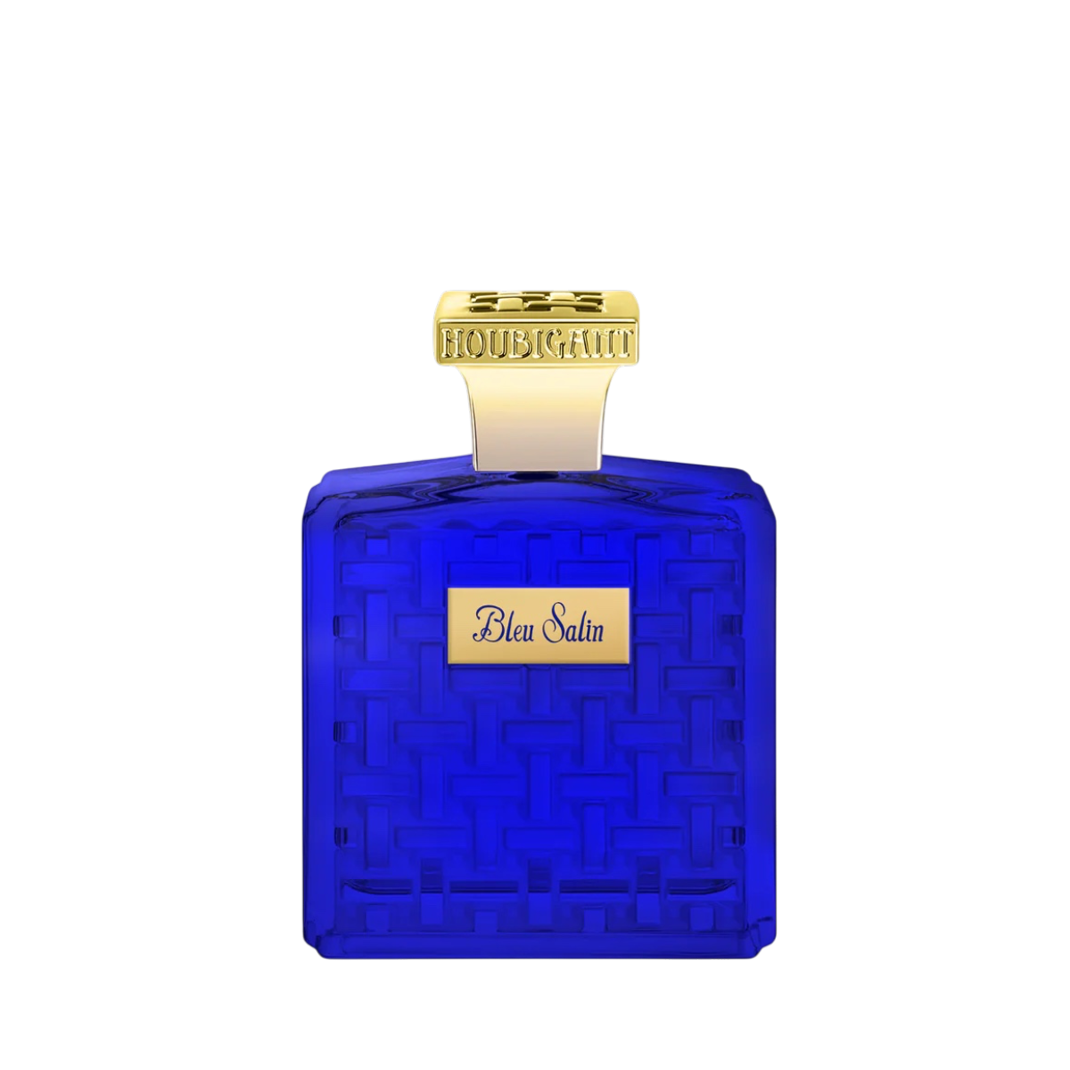 Kobaltblauer Flakon von Houbigant Bleu Salin Eau de Parfum Extrême mit goldfarbenem Verschluss und geprägtem Glasdesign.