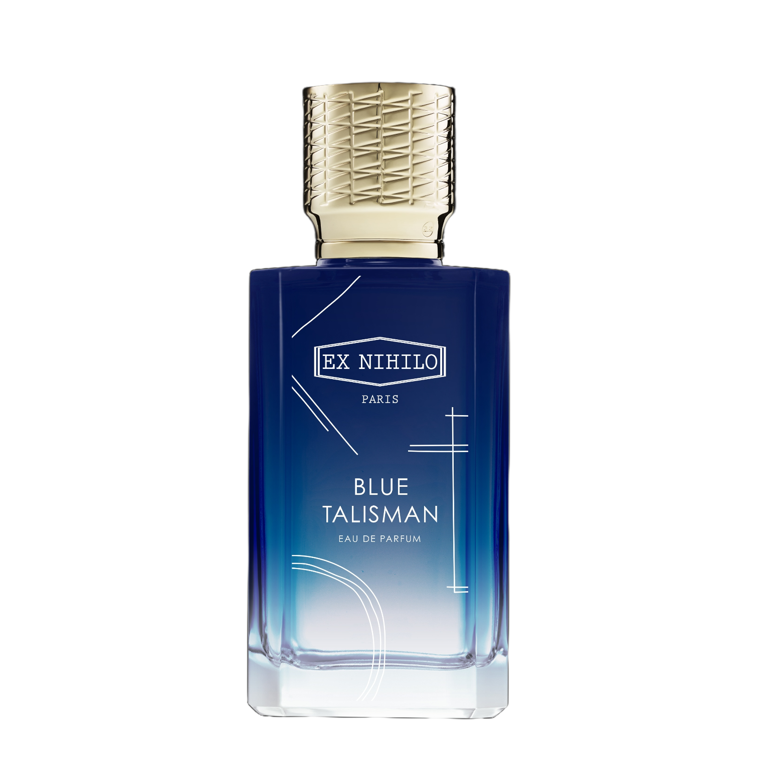Flakon Ex Nihilo Blue Talisman – modernes Unisex‑Parfum mit frischer Birne. Flakon blau. Deckel Gold.