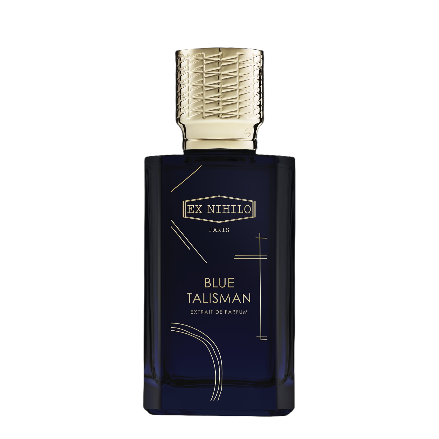 Flakon Ex Nihilo Blue Talisman Extrait – Unisex Duft mit Birne, Orange Blüte und Sandelholz. Flakon dunkelblau. Deckel Gold.
