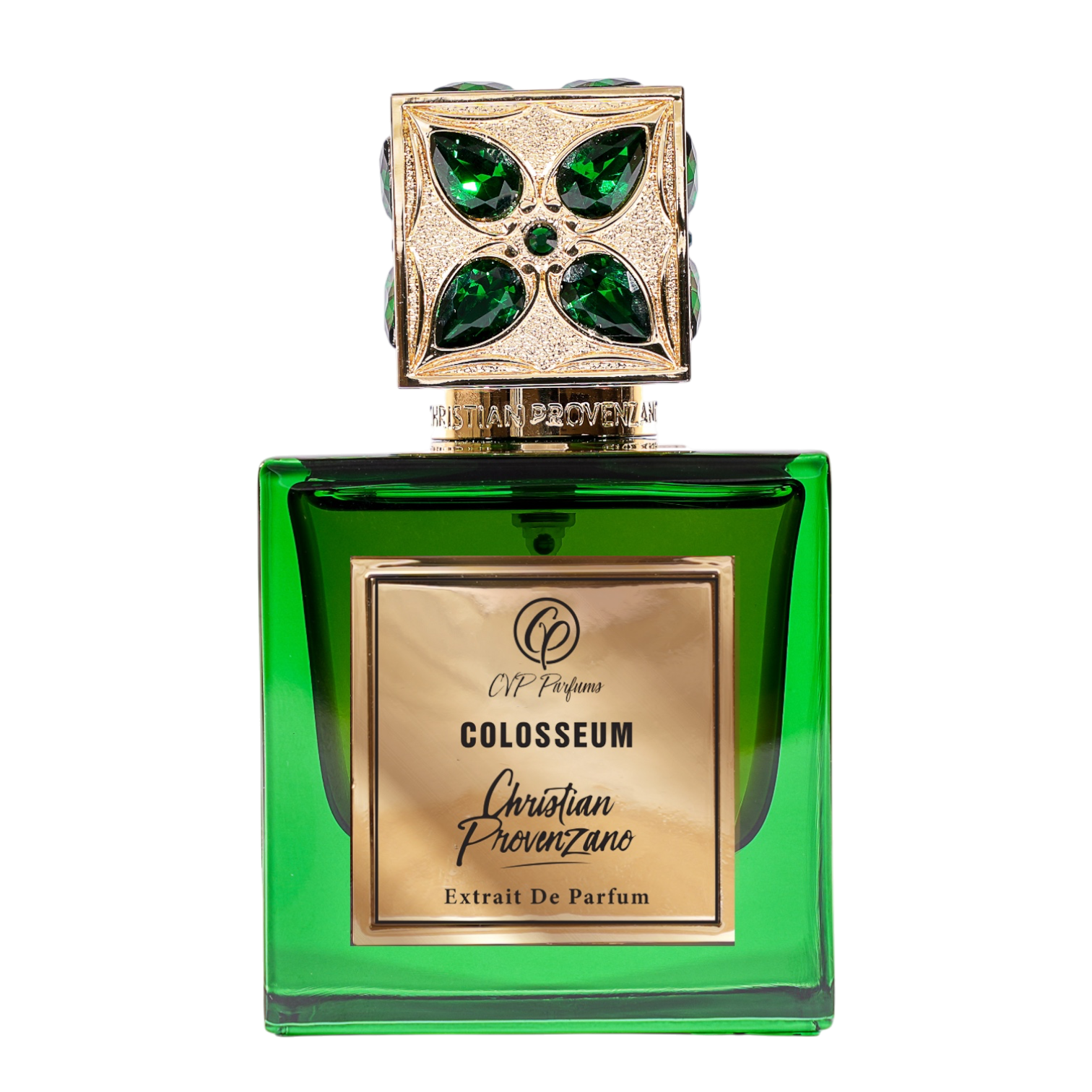 Christian Provenzano Colosseum Extrait de Parfum im smaragdgrünen Glasflakon mit goldfarbener Plakette und kunstvoll verziertem Verschluss mit grünen Schmucksteinen.