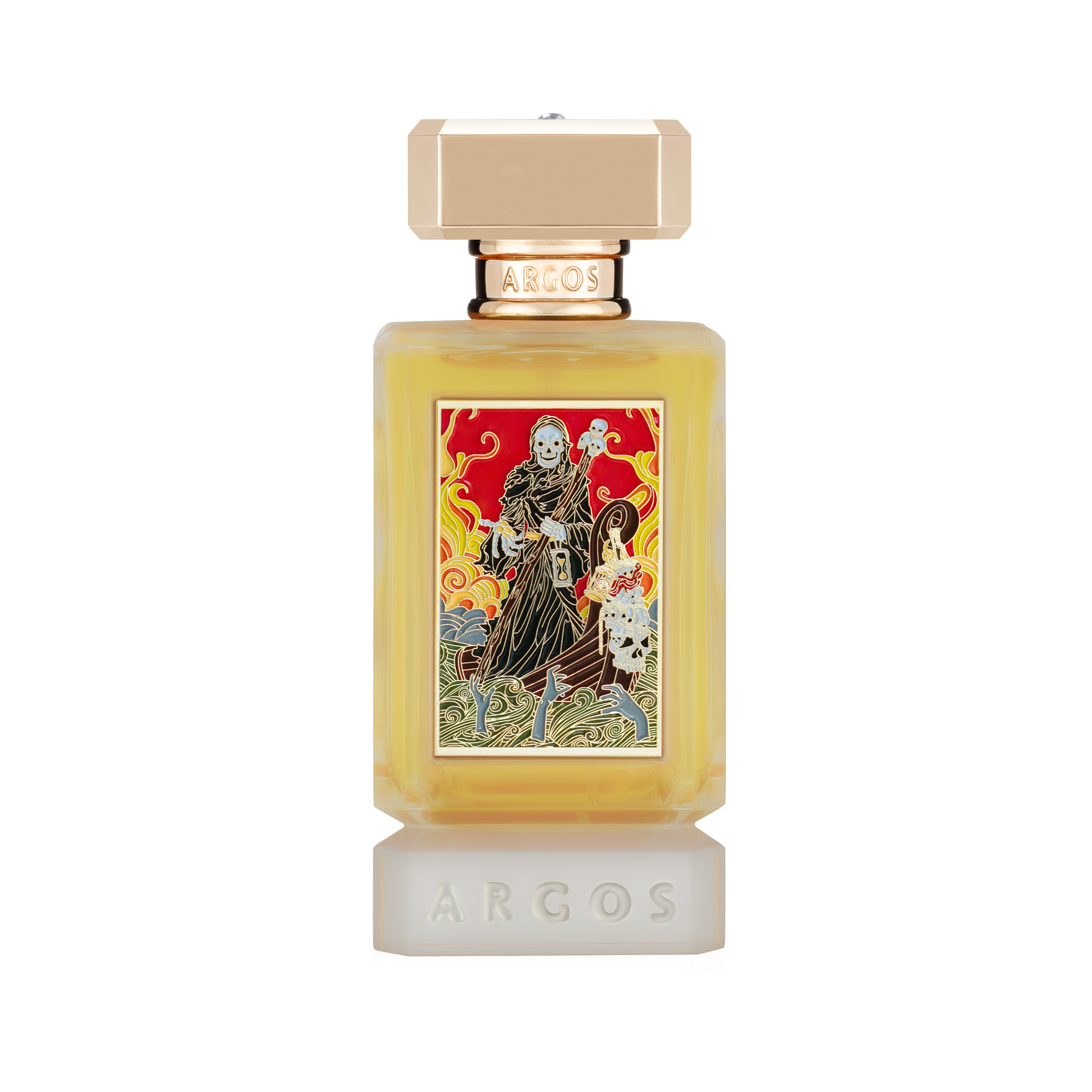 ARGOS Charon’s Vail Extrait de Parfum in klarem, facettiertem Glasflakon mit goldfarbenem Verschluss, hellem Duftsaft und kunstvoller Frontplakette mit Charon auf dem Styx.