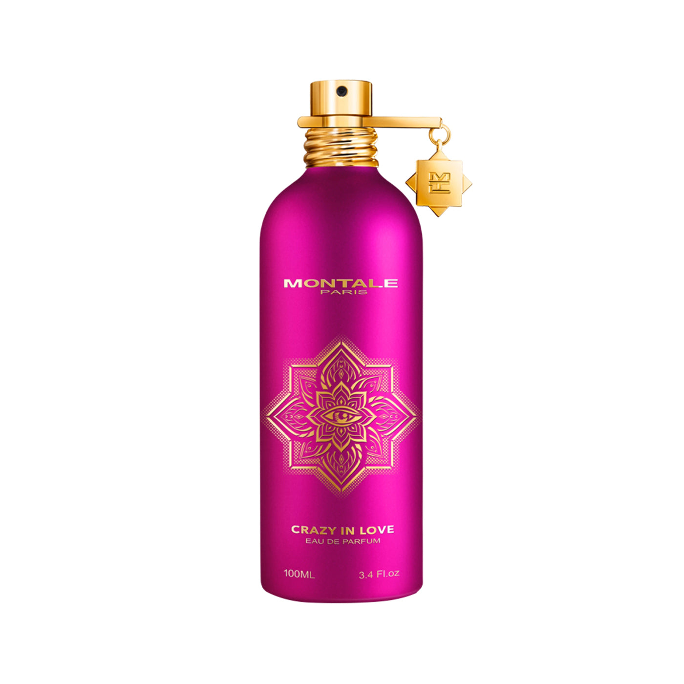 Crazy in Love von Montale – ein sinnlicher Duft mit Rosen, Safran, Amber, braunem Zucker und Vanille. Im halbglänzenden pinken 100 ml Flakon mit goldener Mandala-Verzierung. Jetzt bei 4D OUTFITTERS.