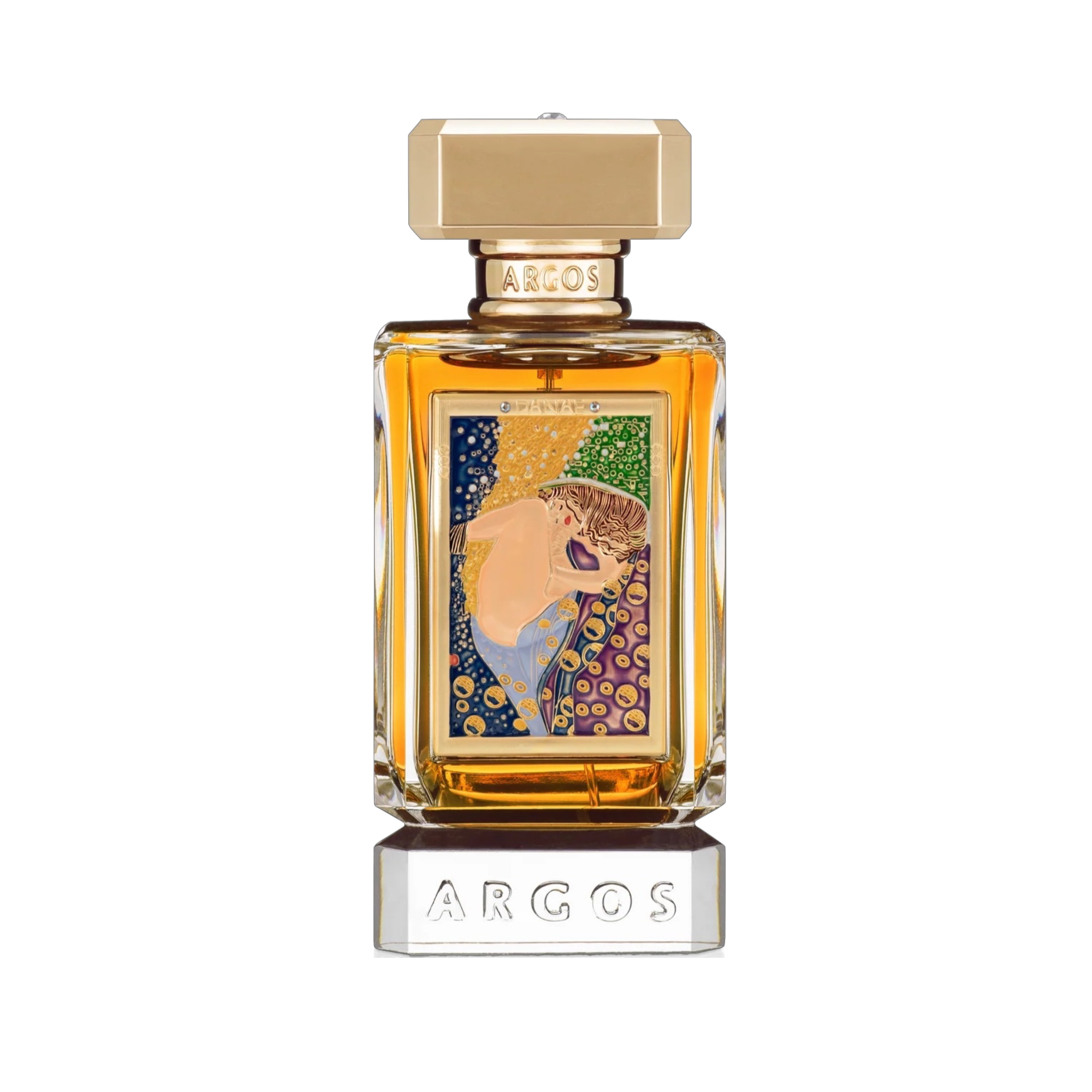 ARGOS Danaë Eau de Parfum in klarem, facettiertem Glasflakon mit goldfarbenem Verschluss, warmgoldenem Duftsaft und kunstvoller Frontplakette mit Danaë-Motiv.
