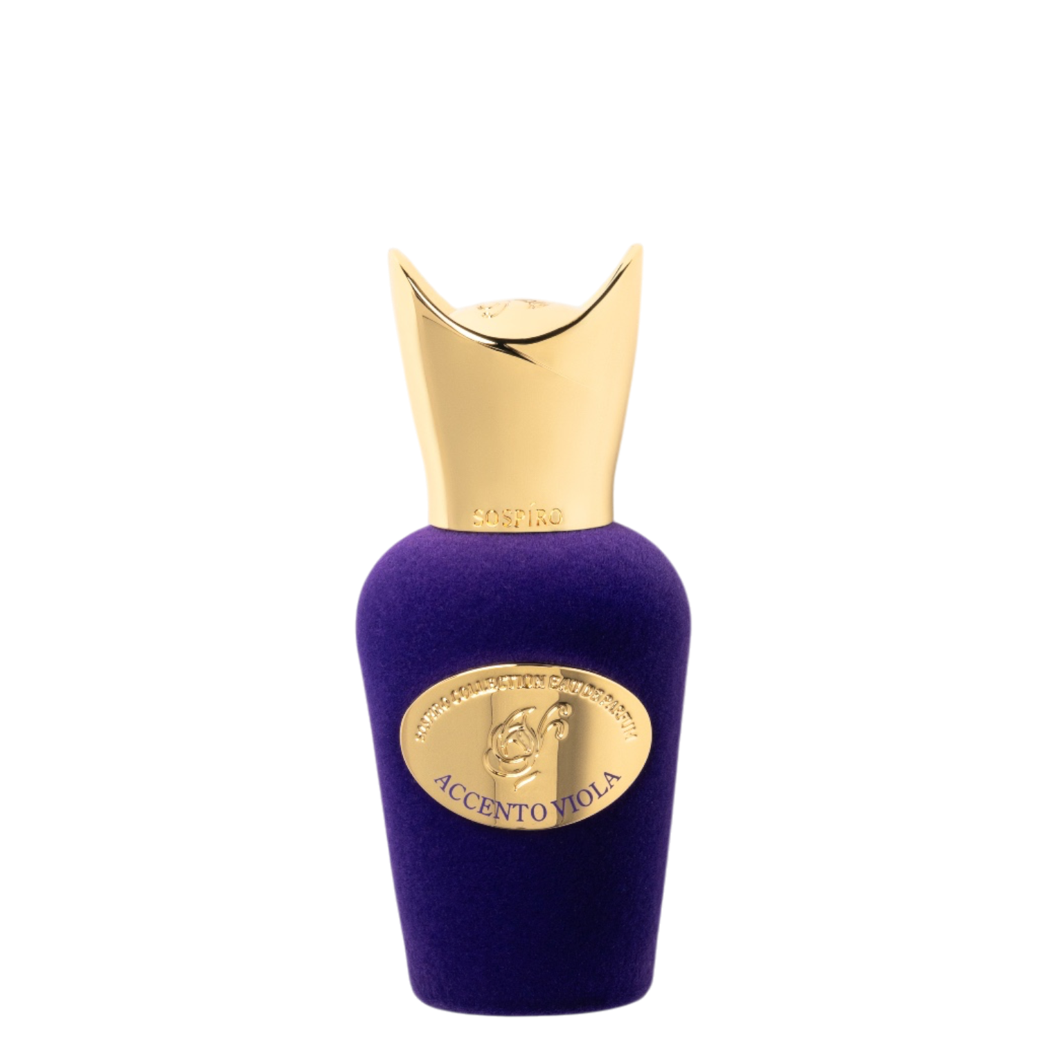 Sospiro Accento Viola 15 ml im violetten Samtflakon mit goldfarbenem Verschluss und goldener Plakette.