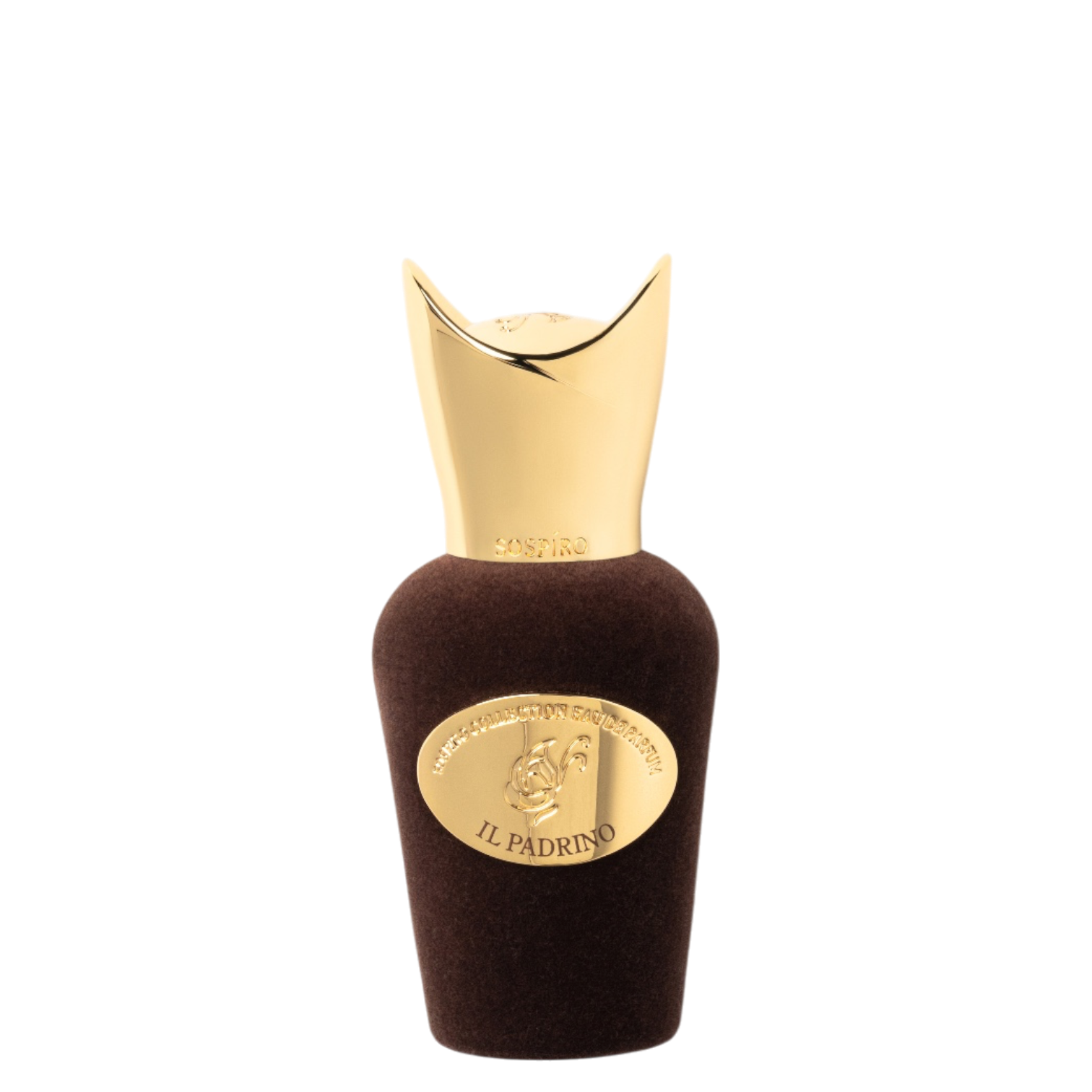 Sospiro Il Padrino 15 ml im braunen Samtflakon mit goldfarbenem Verschluss und goldener Plakette.