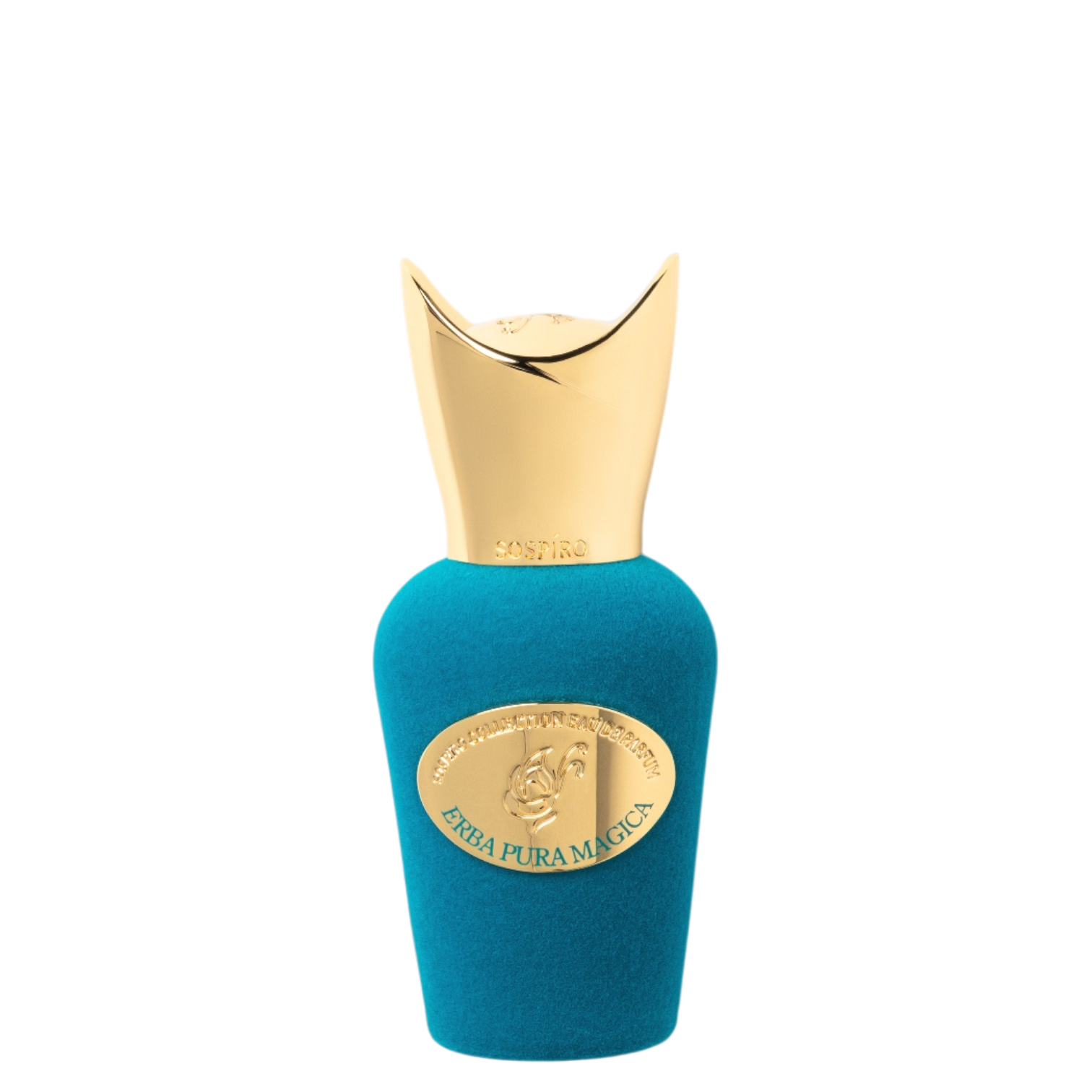 Sospiro Erba Pura Magica 15 ml im türkisfarbenen Samtflakon mit goldfarbenem Verschluss und goldener Plakette.