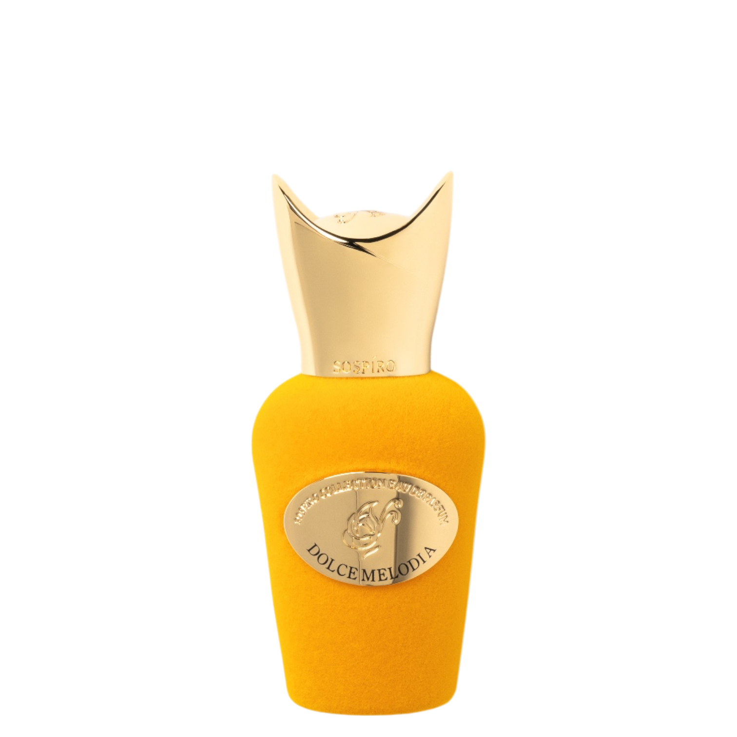 Sospiro Dolce Melodia 15 ml im gelben Samtflakon mit goldfarbenem Verschluss und goldener Plakette.