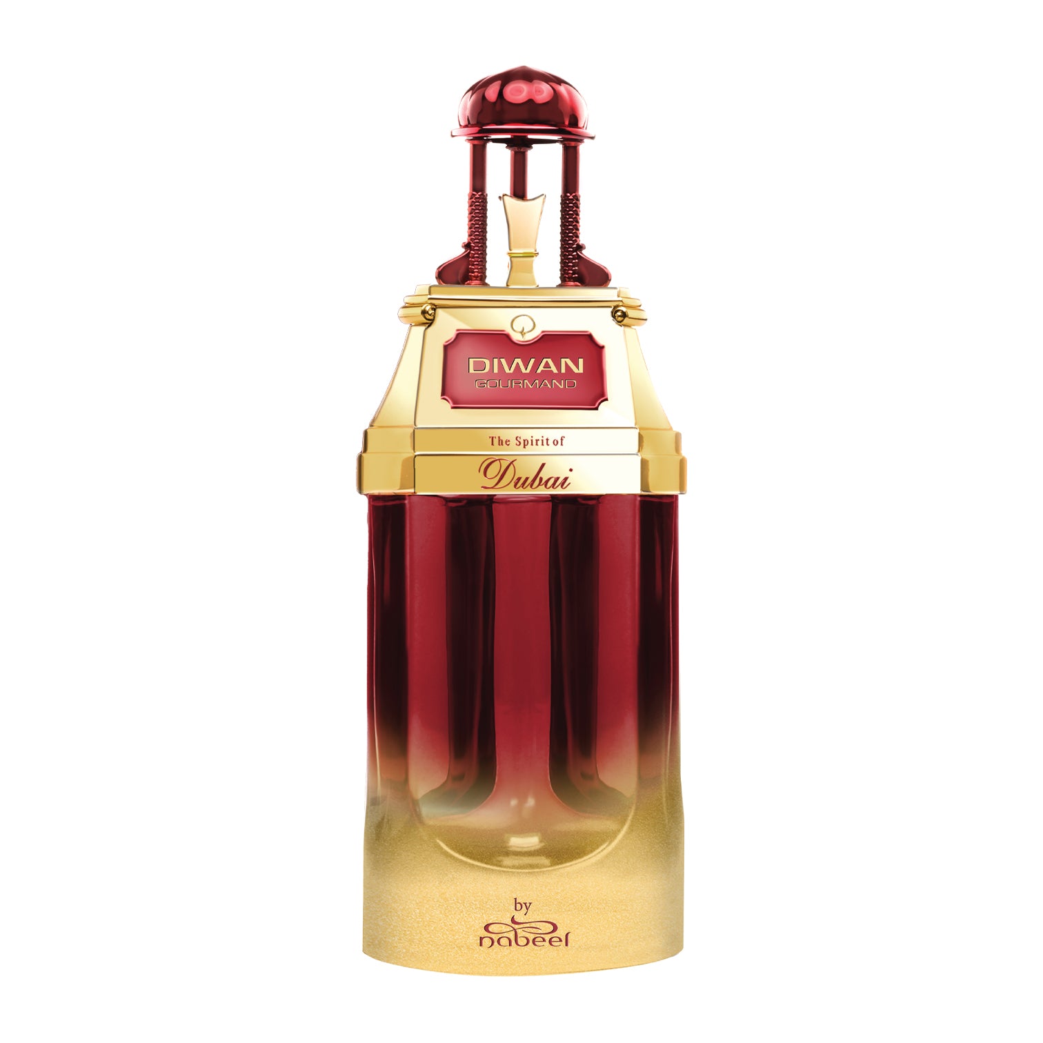 Diwan Gourmand Eau de Parfum von The Spirit of Dubai – eleganter Flakon in Gold und Burgunderrot, symbolisiert orientalische Pracht. Jetzt bei 4D OUTFITTERS.
