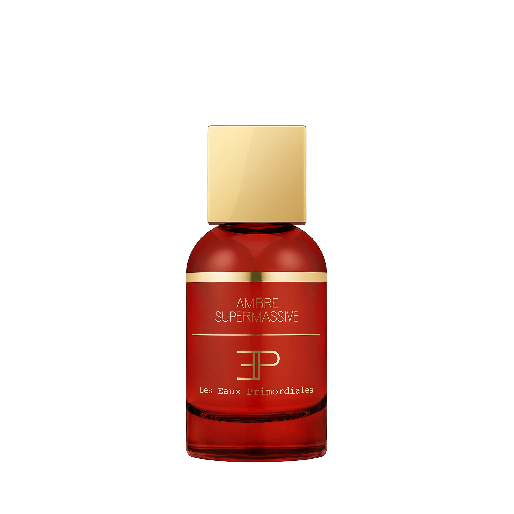Flakon Les Eaux Primordiales Ambre Supermassive Extrait – Unisex Duft mit Bernstein Vanille Tabak. Flakon rot. Deckel gold.