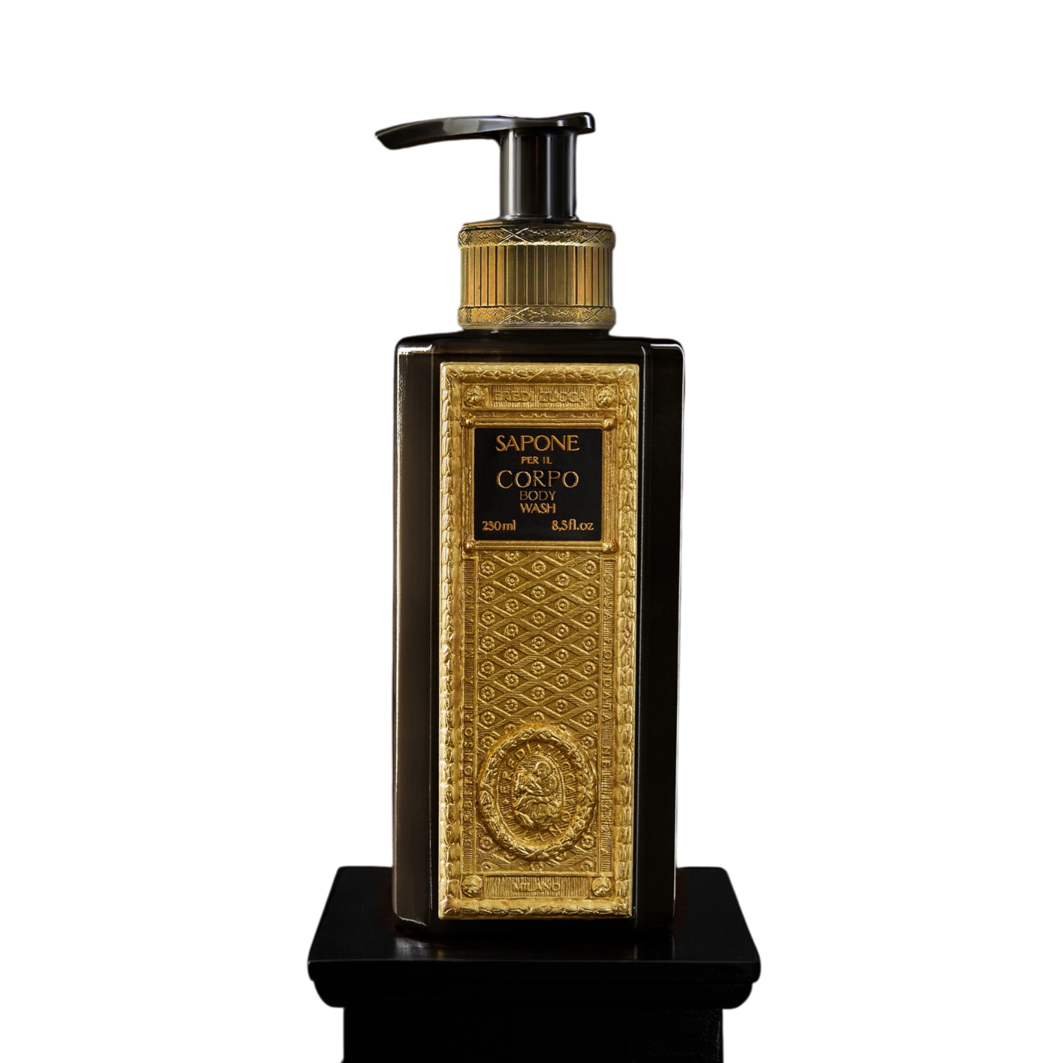 Eredi Zucca Duschgel in brauner Flasche mit schwarzem Pumpspender und dekorativer goldfarbener Frontplatte mit schwarzem Etikett.