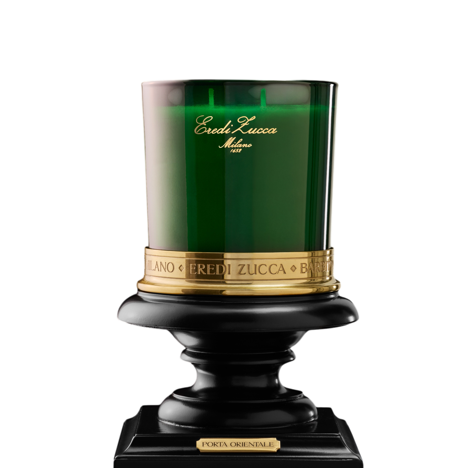 Eredi Zucca Porta Orientale Duftkerze im dunkelgrünen Glas mit goldfarbenem Schriftzug, graviertem goldfarbenem Ring.