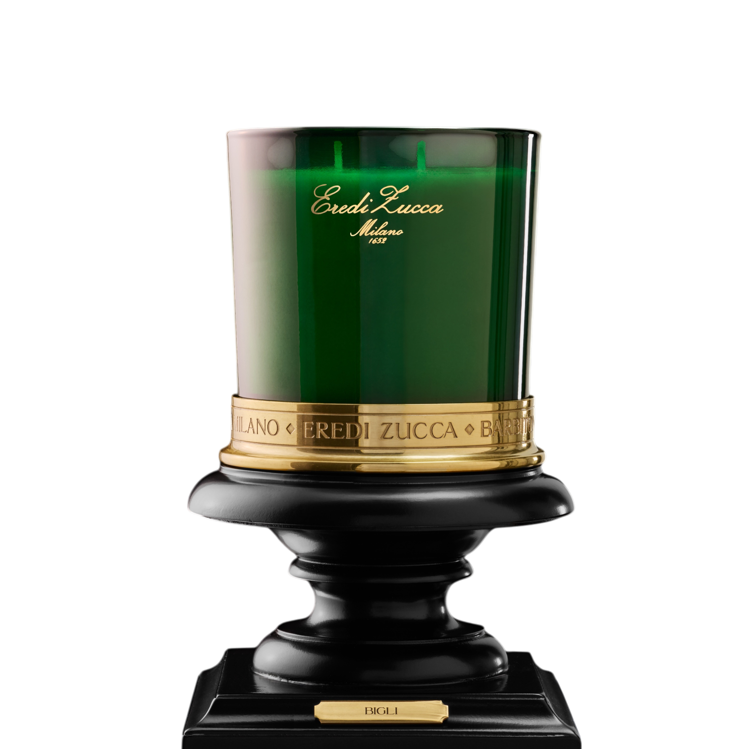 Eredi Zucca Bigli Duftkerze im dunkelgrünen Glas mit goldfarbenem Schriftzug, graviertem goldfarbenem Ring